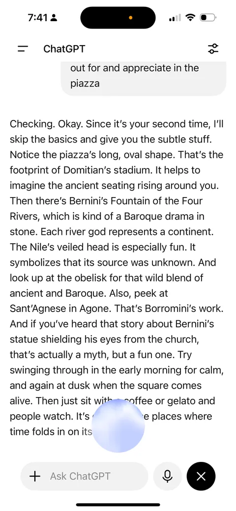 A ChatGPT voice-mode reply filling the screen with a long wall of text about a Roman piazza.